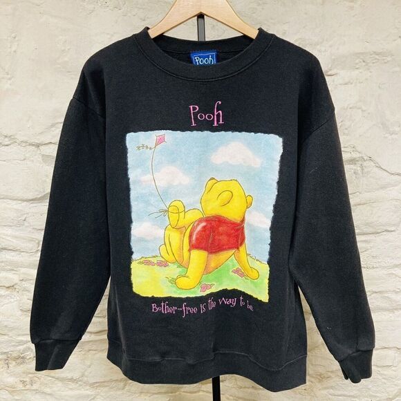 Vintage Disney WINNIE THE POOH Bother Free Is The Way To Be Black Sweatshirt USA - Picture 1 of 6